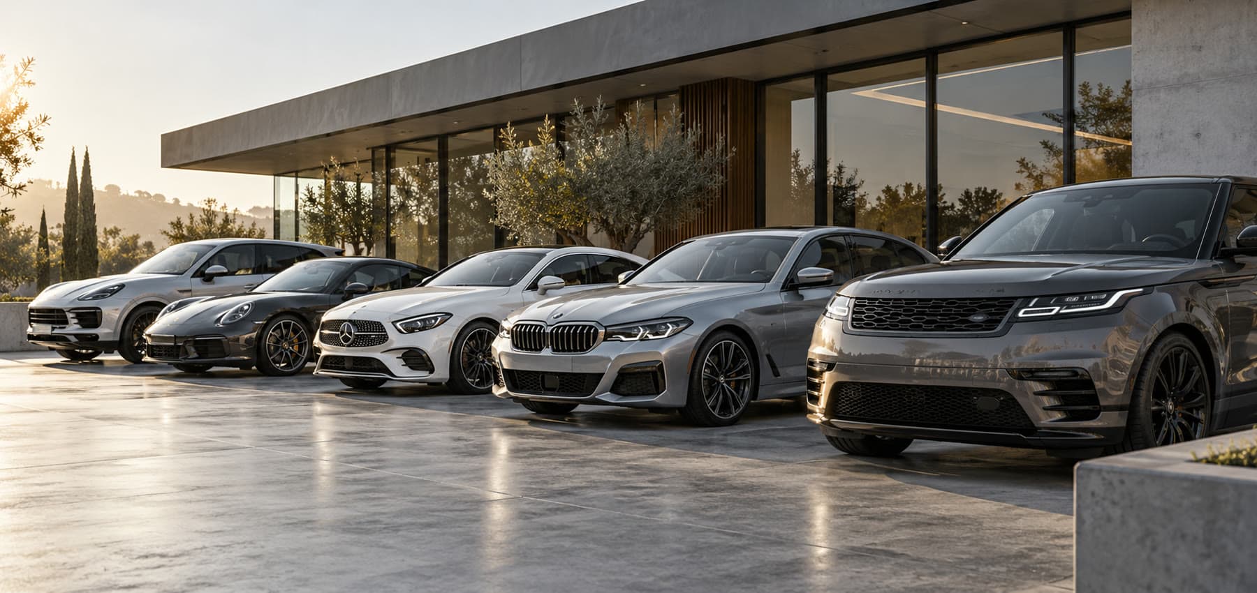 Premium vehicles lined up on a dealership forecourt