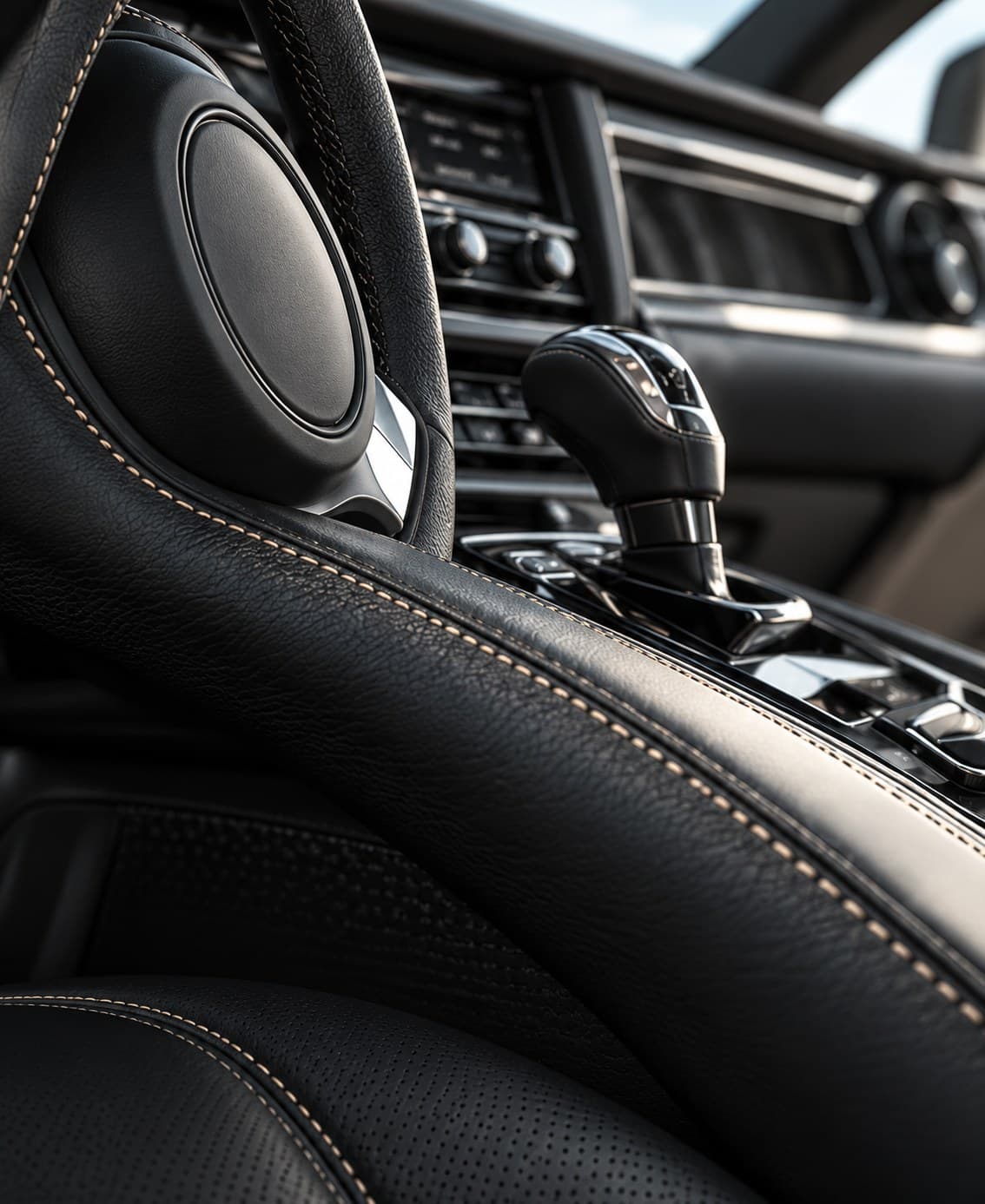 Close-up of leather, stitching and controls inside a vehicle